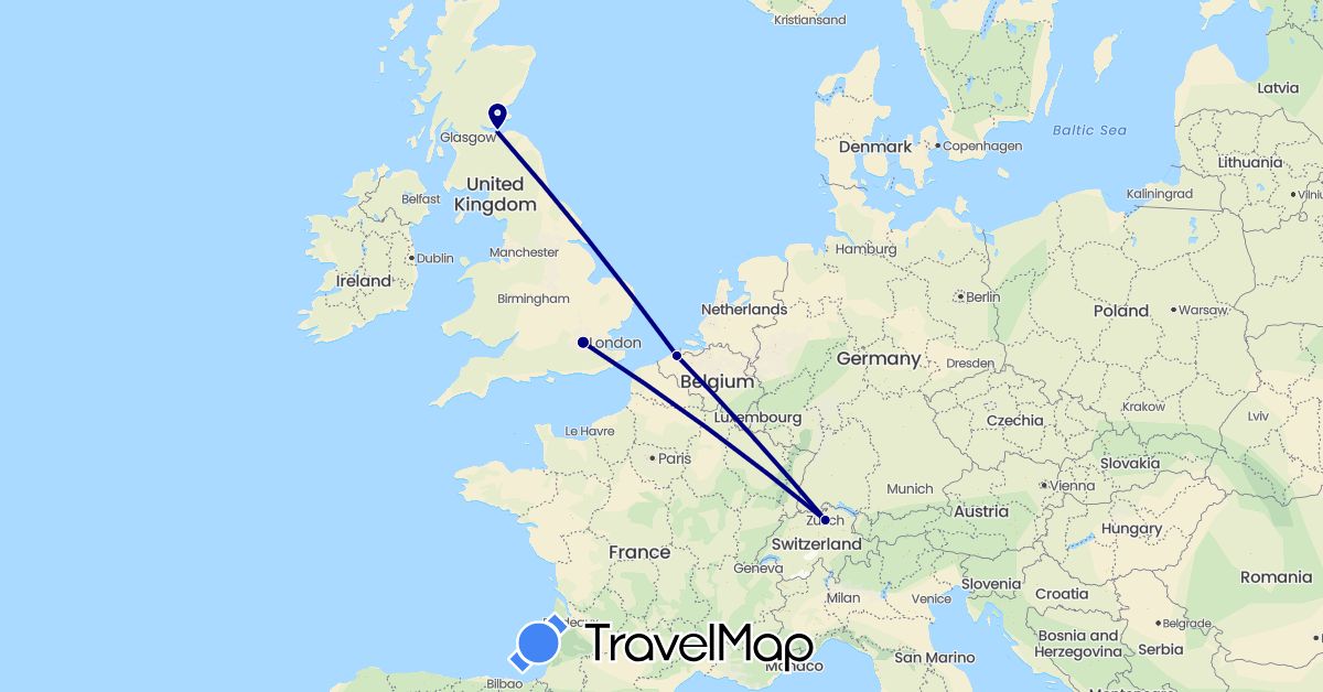 TravelMap itinerary: driving in Belgium, Switzerland, United Kingdom (Europe)
